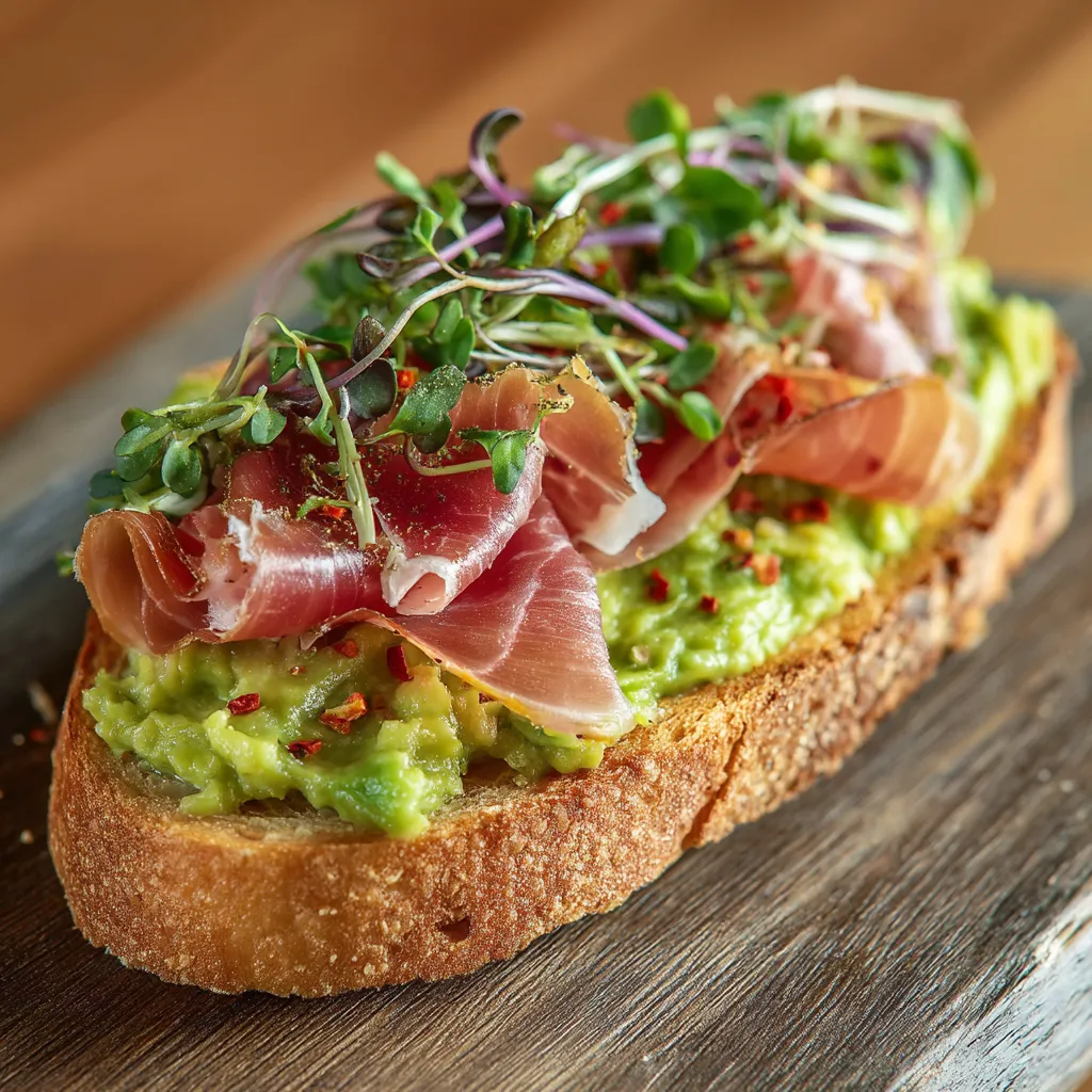 Un tostada de jamón serrano y aguacate.