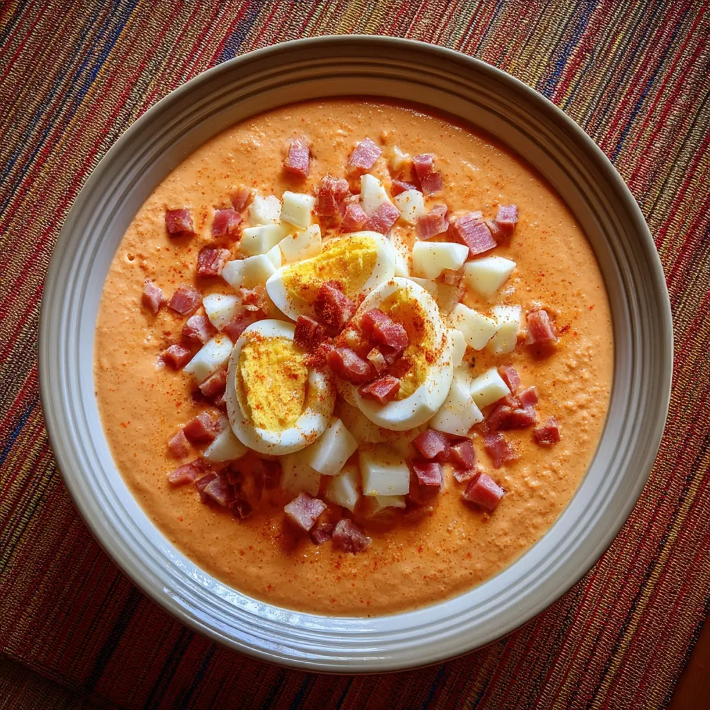 Salmorejo cordobés con huevo y jamón.