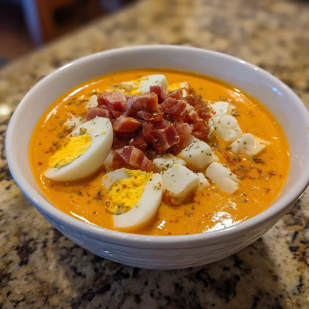 Salmorejo cordobés con huevo y jamón.