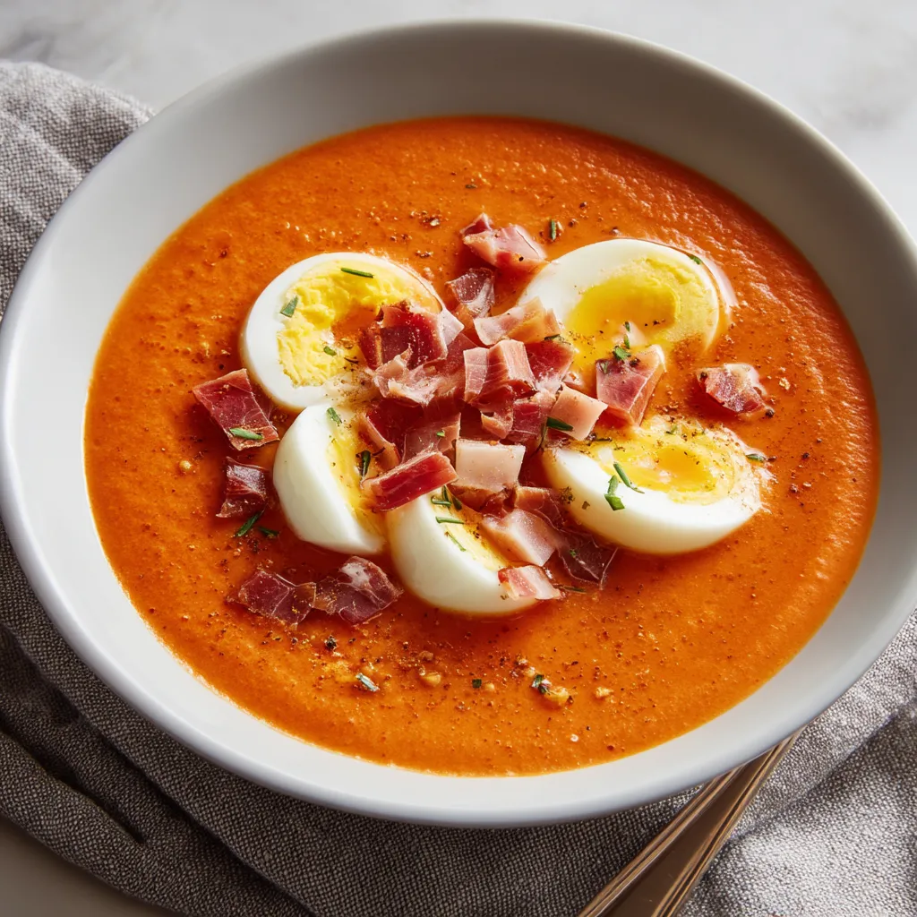Salmorejo cordobés con huevo y jamón.