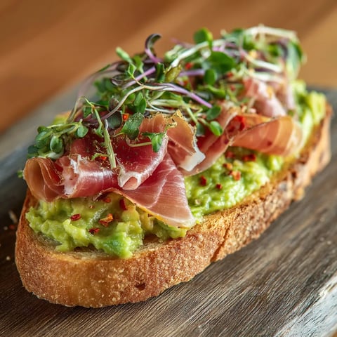 Un tostada de jamón serrano y aguacate.