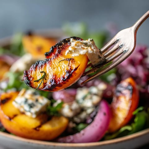 Una ensalada de peaches y queso de cabra con un tenedor.