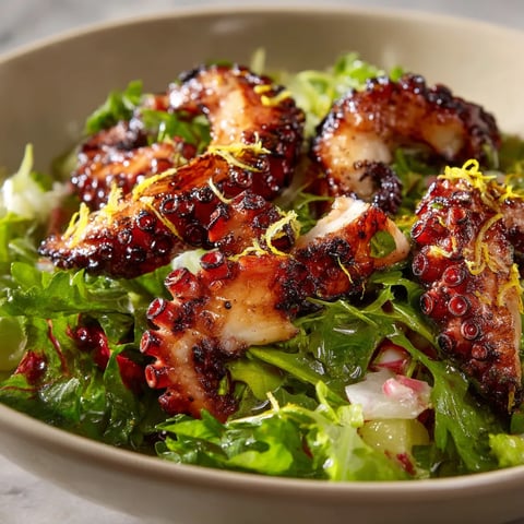 Charred Octopus Salad con aceite de limón.