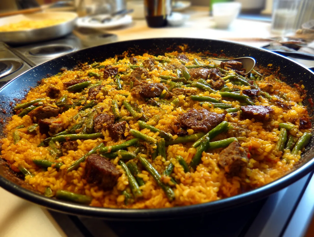 Un plato de arroz con verduras y carne.