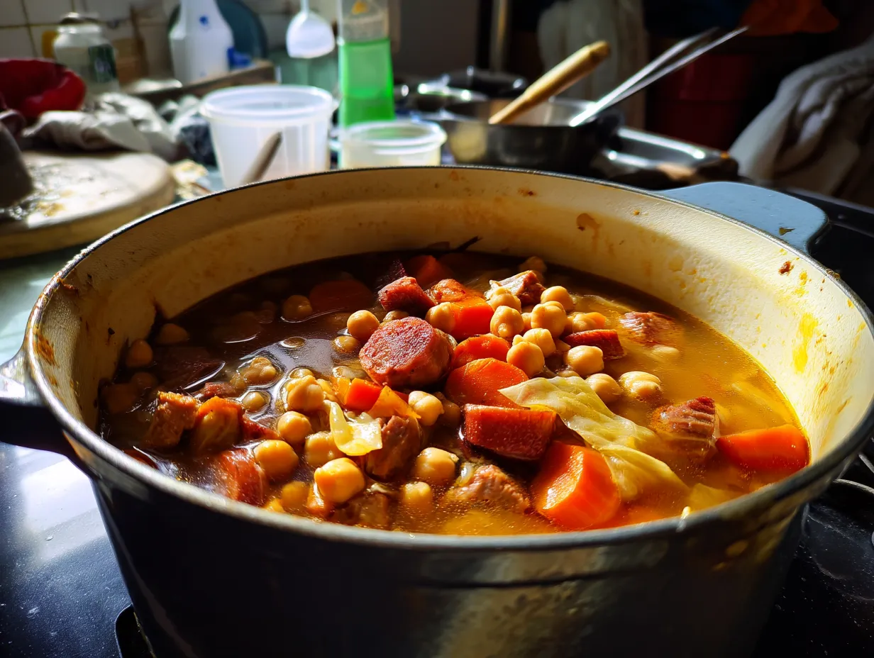 Cocina de abuelita con una olla llena de carne y verduras.