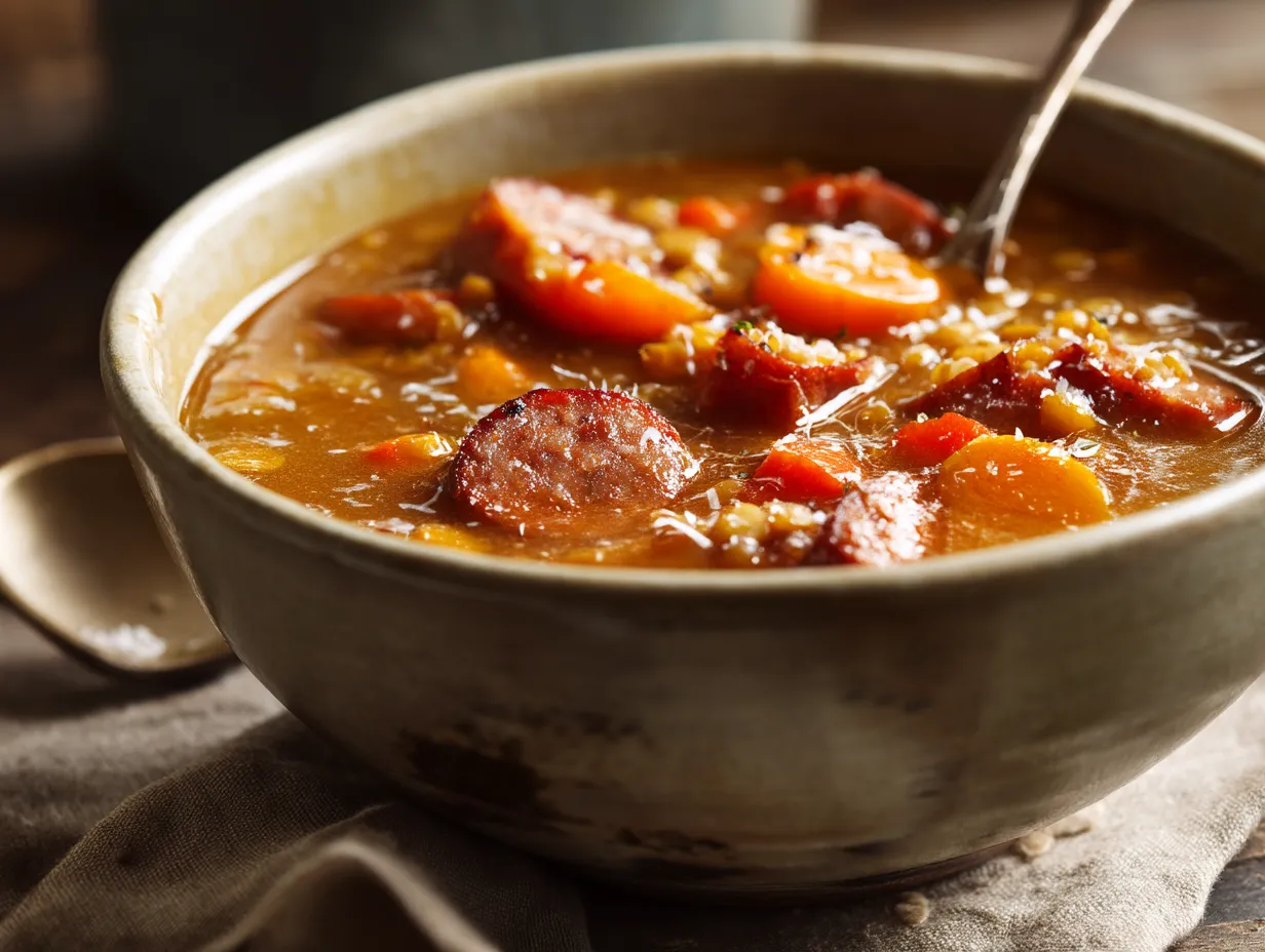 Un plato de sopa con carne y verduras.