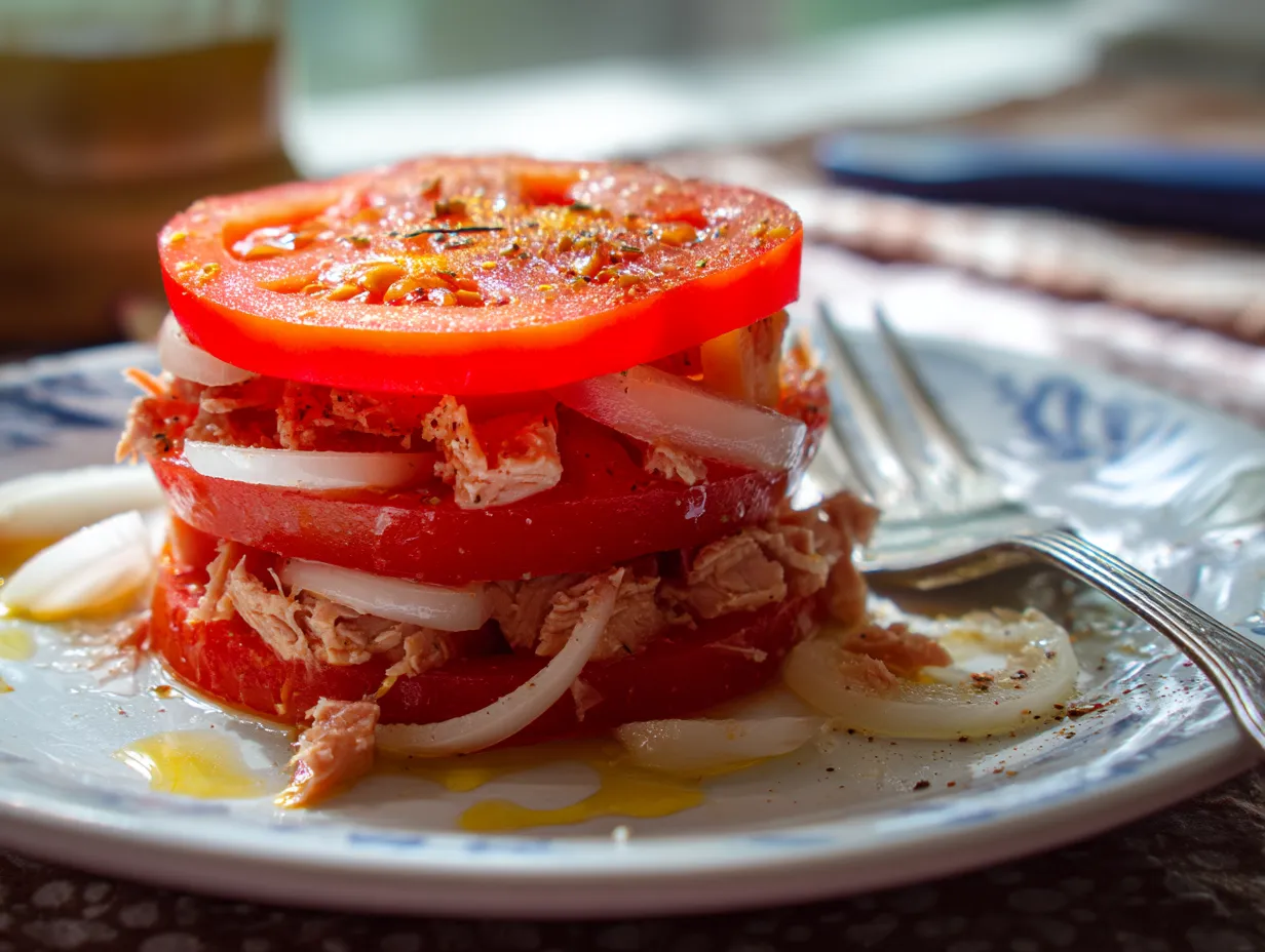 Ensalada de tomate con carne y queso.