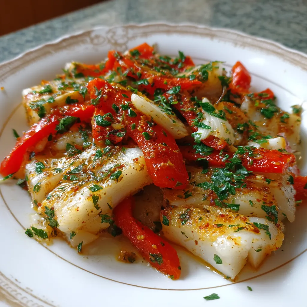 Plato de salmón con pimientos rojos.