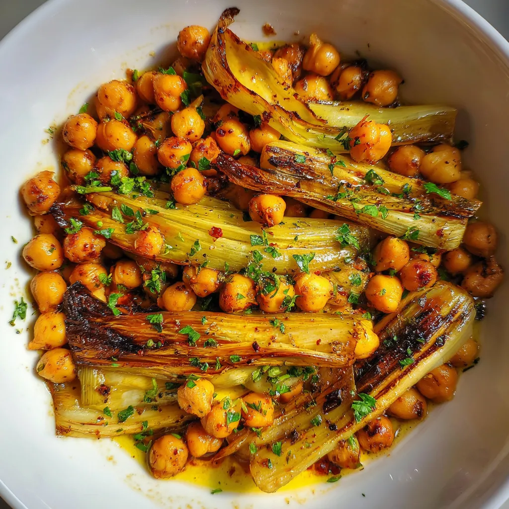Plato de garbanzos con cebolla asada.