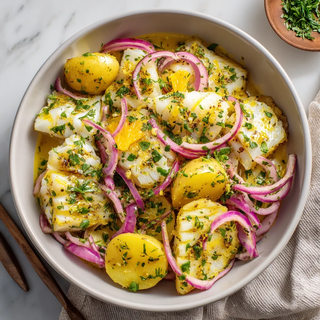 Cod and potato salad with orange vinaigrette.