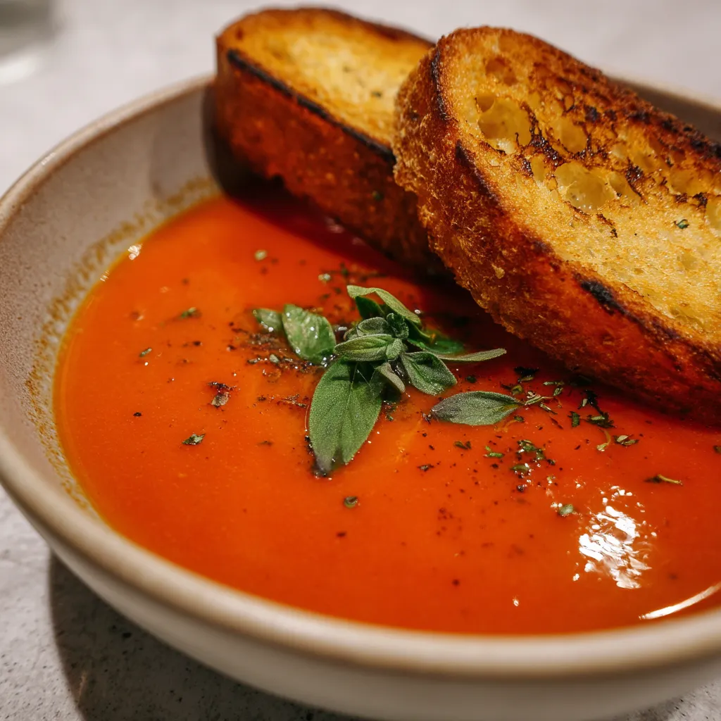 Una taza de sopa de tomate y pimiento rojo con pan tostado.