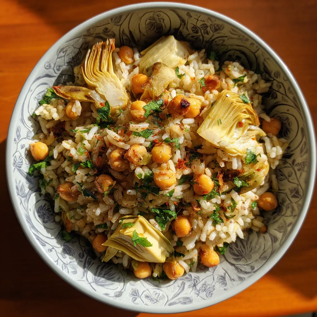 Un plato de arroz con vegetales y garbanzos.