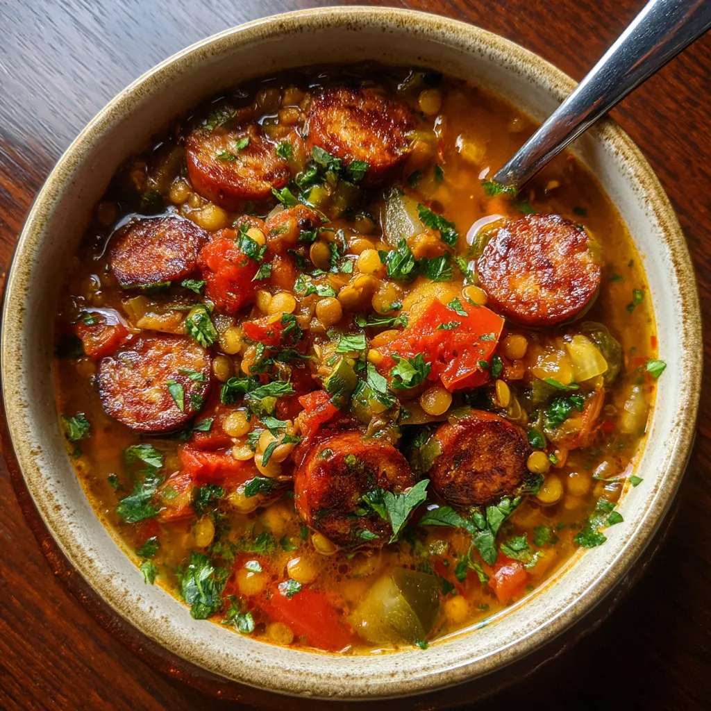 Un plato de sopa de lentejas con chorizo y verduras.
