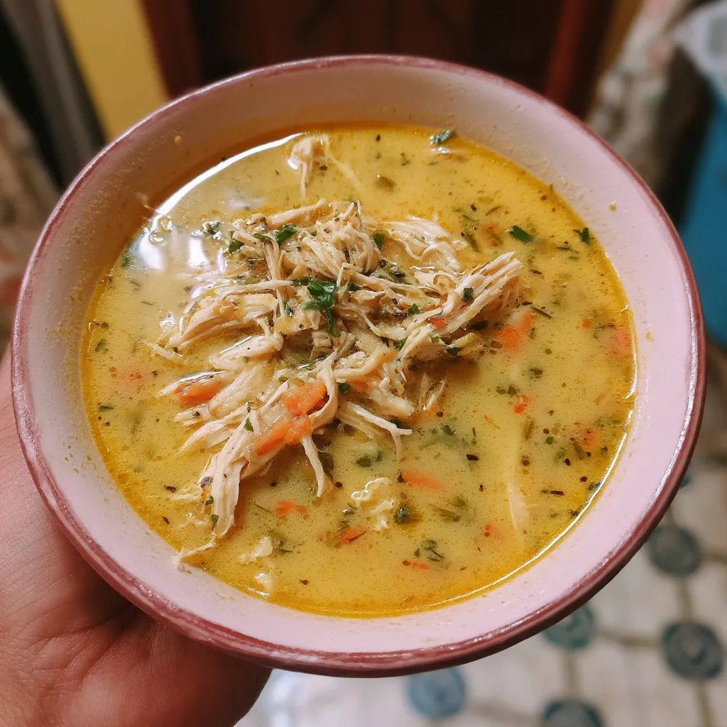 Una porción de sopa de pollo y garbanzos con carrots.
