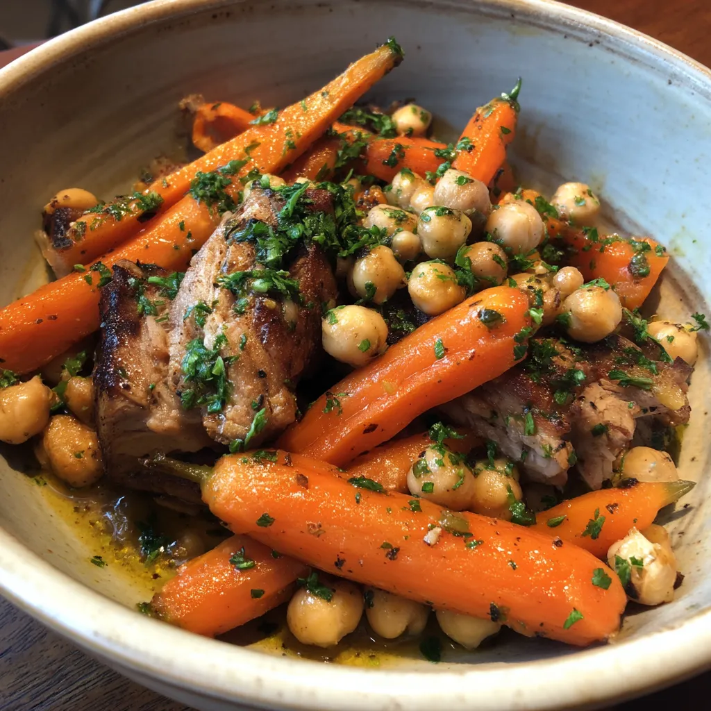 Carne de cerdo y garbanzos con papas.