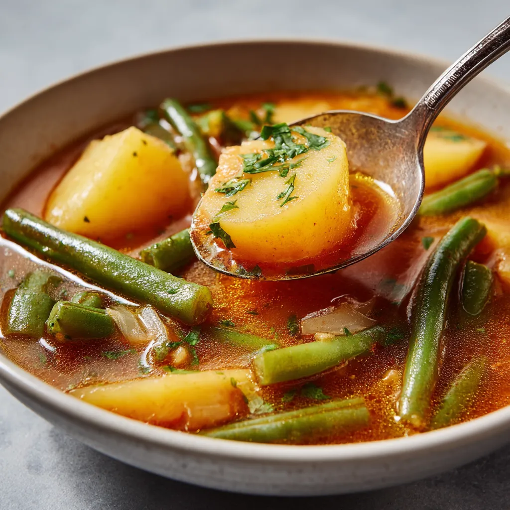 Un plato de sopa con verduras y papas.