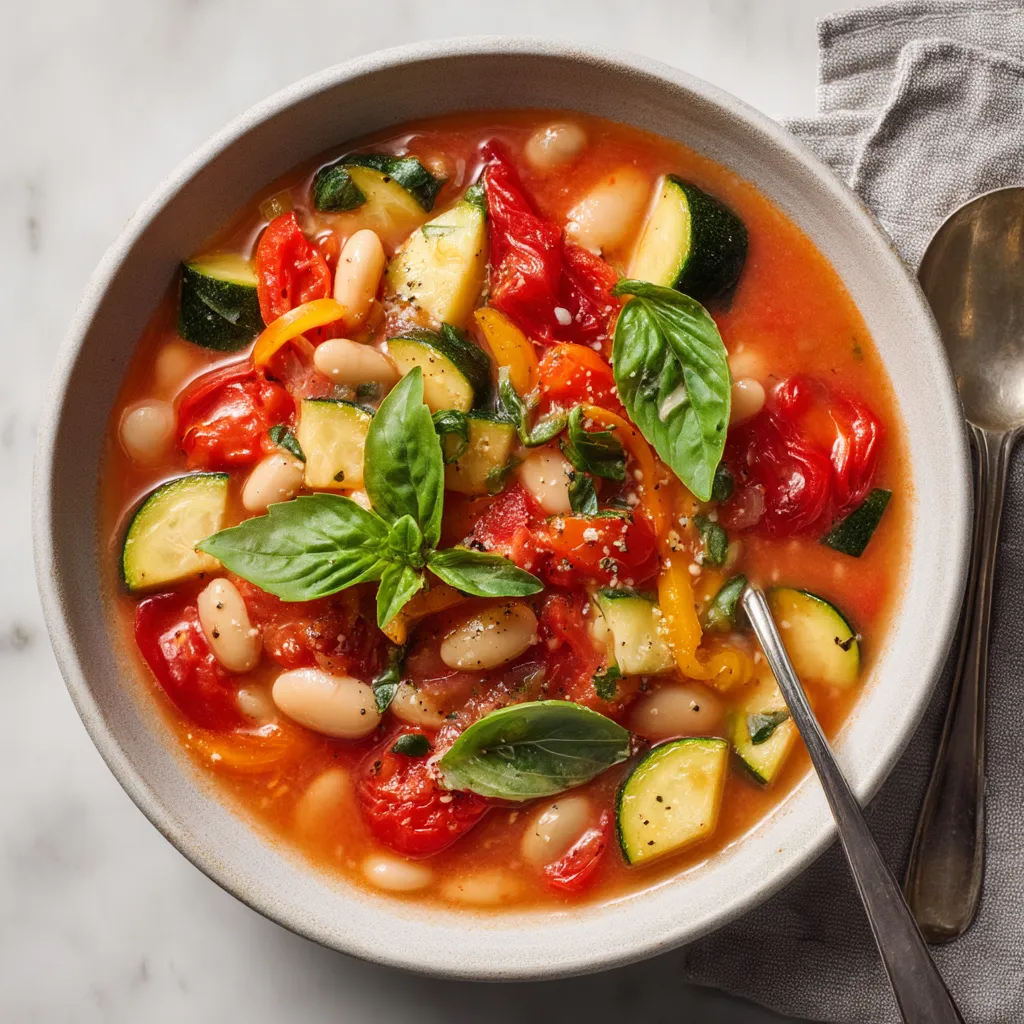Un plato de sopa con tomate y guisantes.