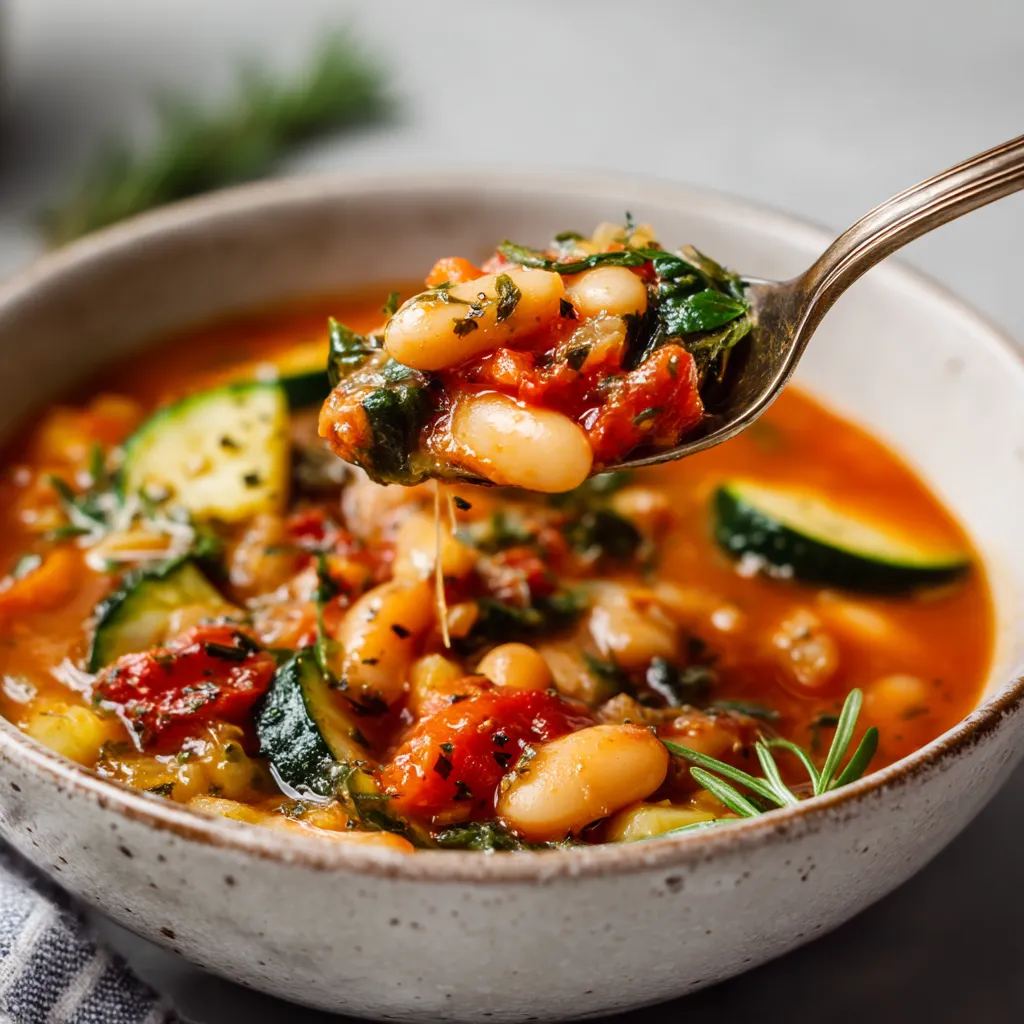Una cacerola con una sopa de tomate y guisantes.
