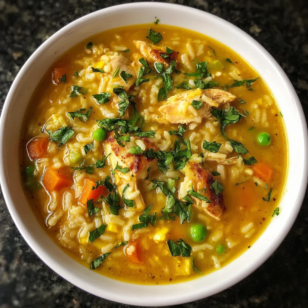 Un plato de sopa de pollo y arroz con saffron.