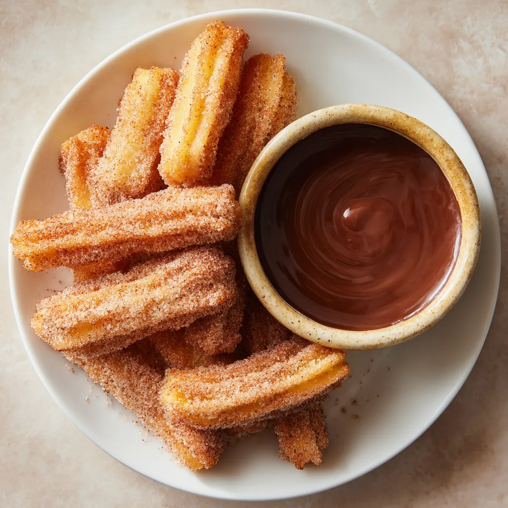 Plate of churros with chocolate dip.
