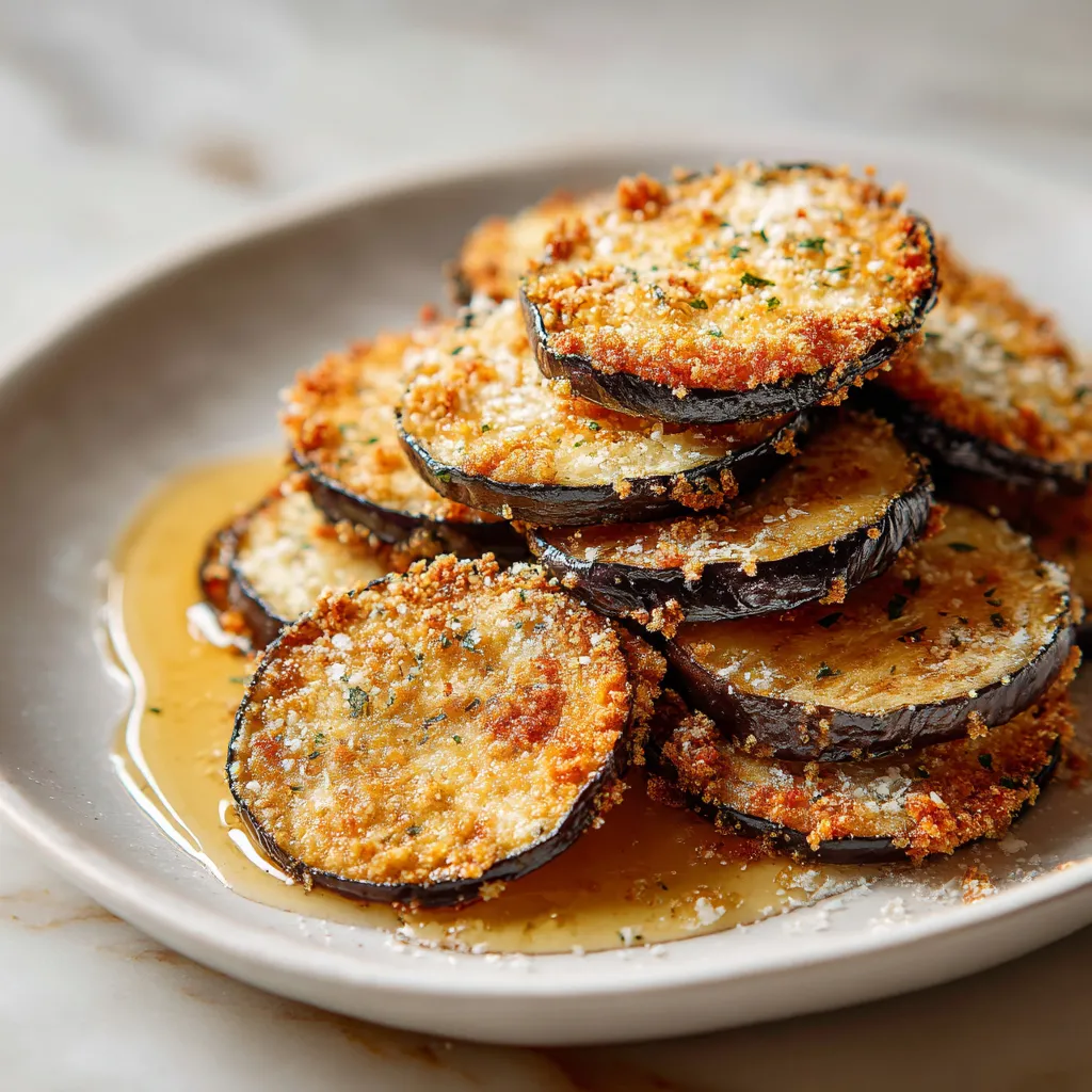 Plate of fried eggplant with honey drizzle.
