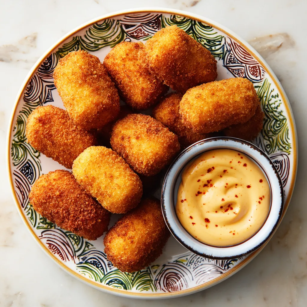 Plate of croquettes with a bowl of aioli.