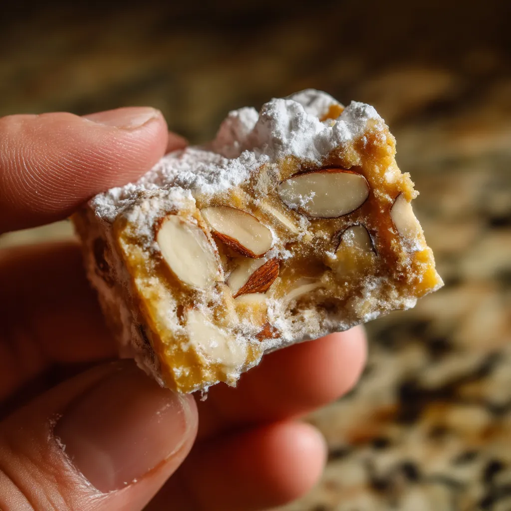 Una mano sostiene un trozo de "Spiced Almond Turrón Bites".
