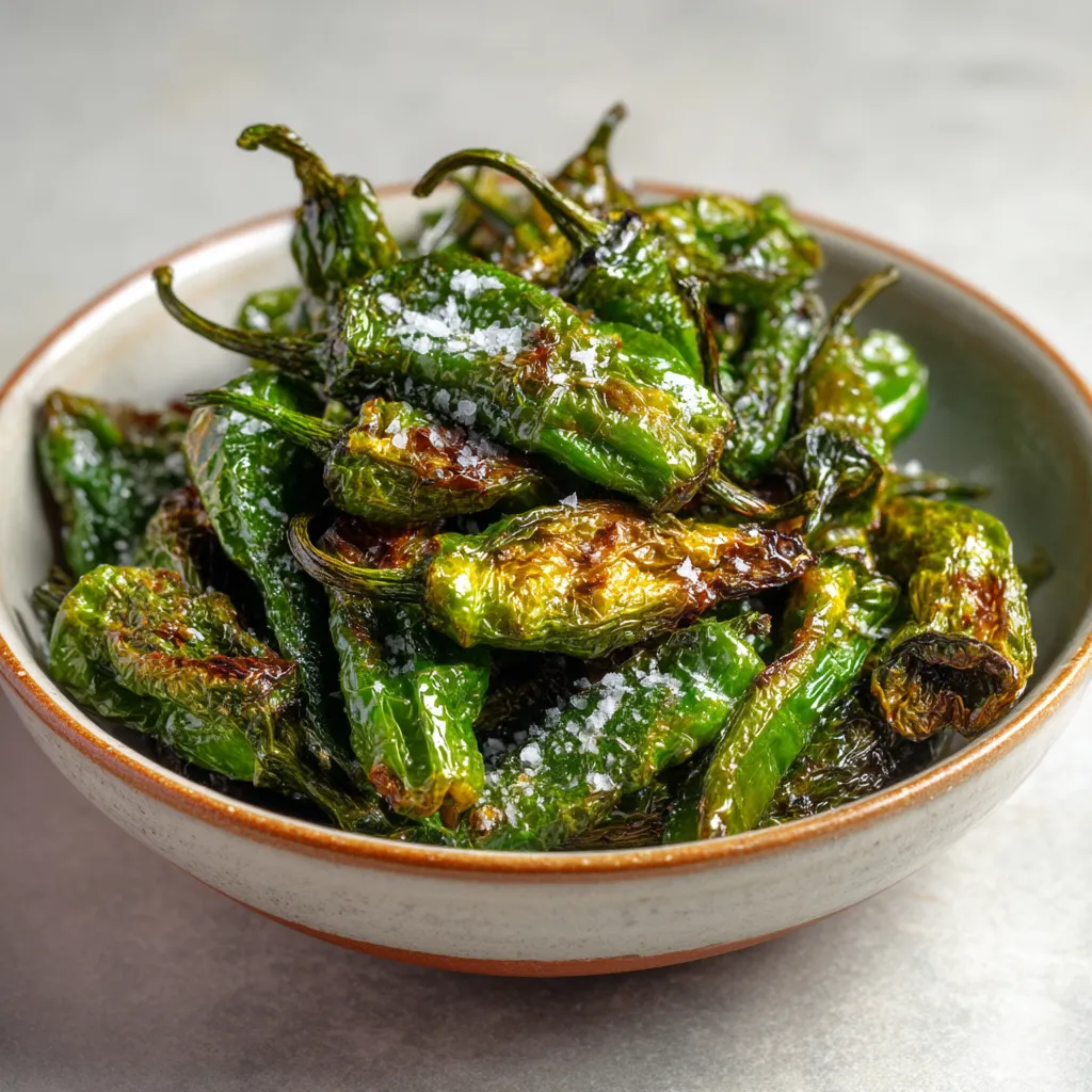 Un plato de pimientos fritos con sal.