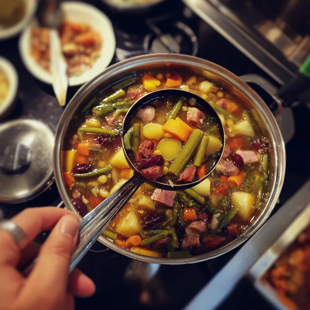 Una persona sostiene un tenedor con una sopa de verduras.