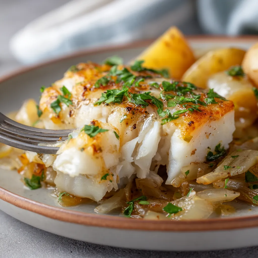 Baked cod with onions and potatoes.