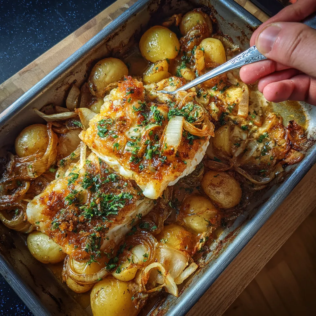 Baked cod with onions and potatoes.