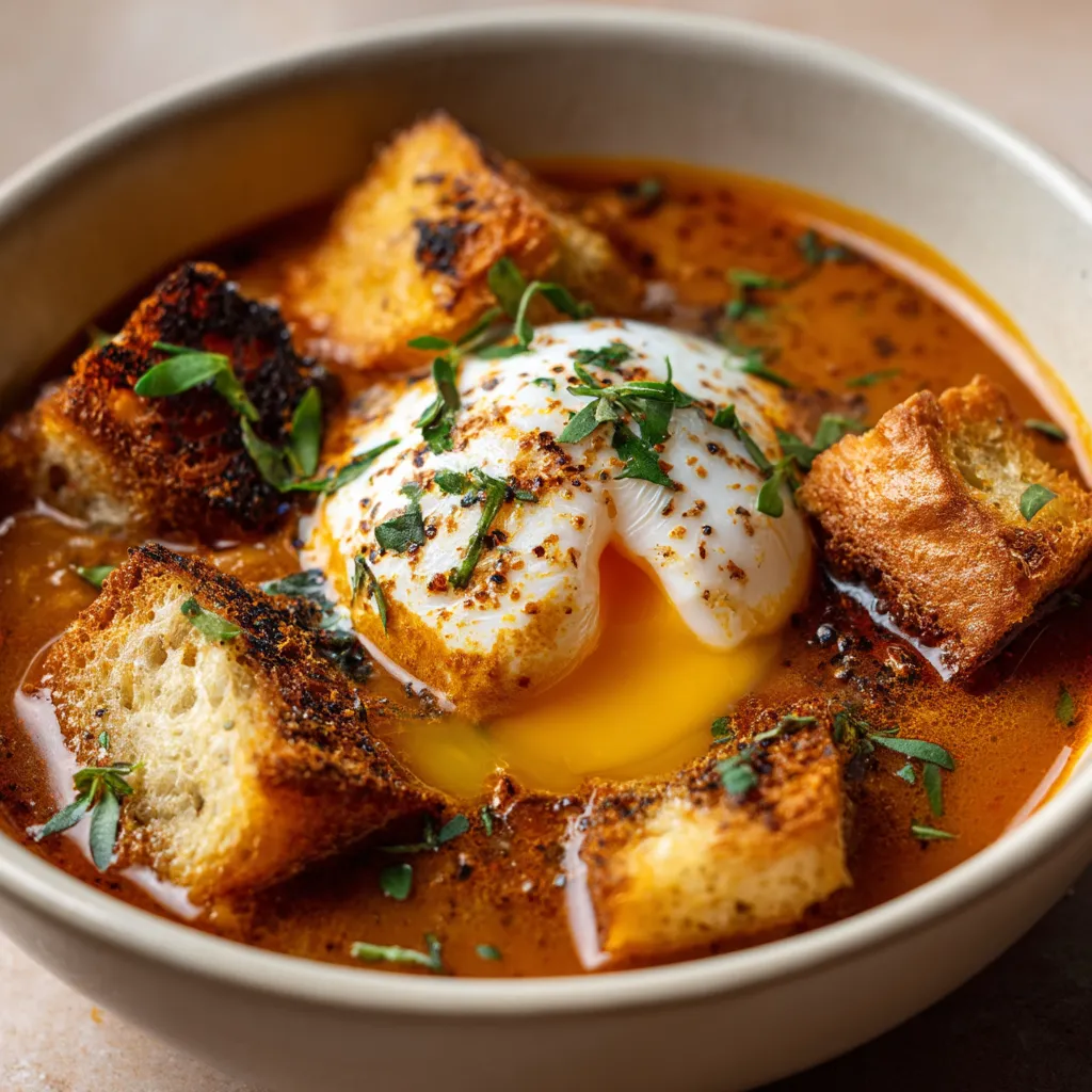 Una cacerola de sopa de ajo con huevo pochado.