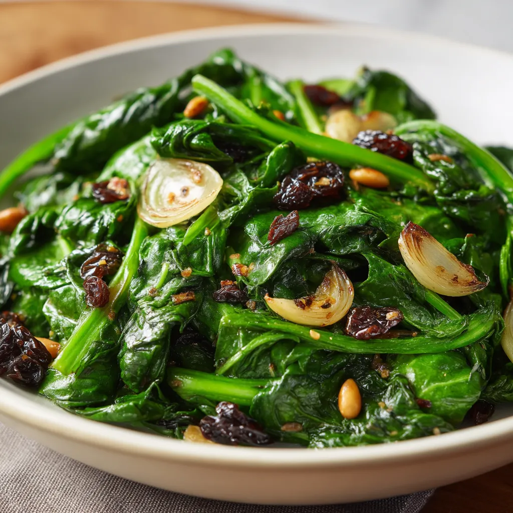 Plato de espinacas con nueces y pasas.