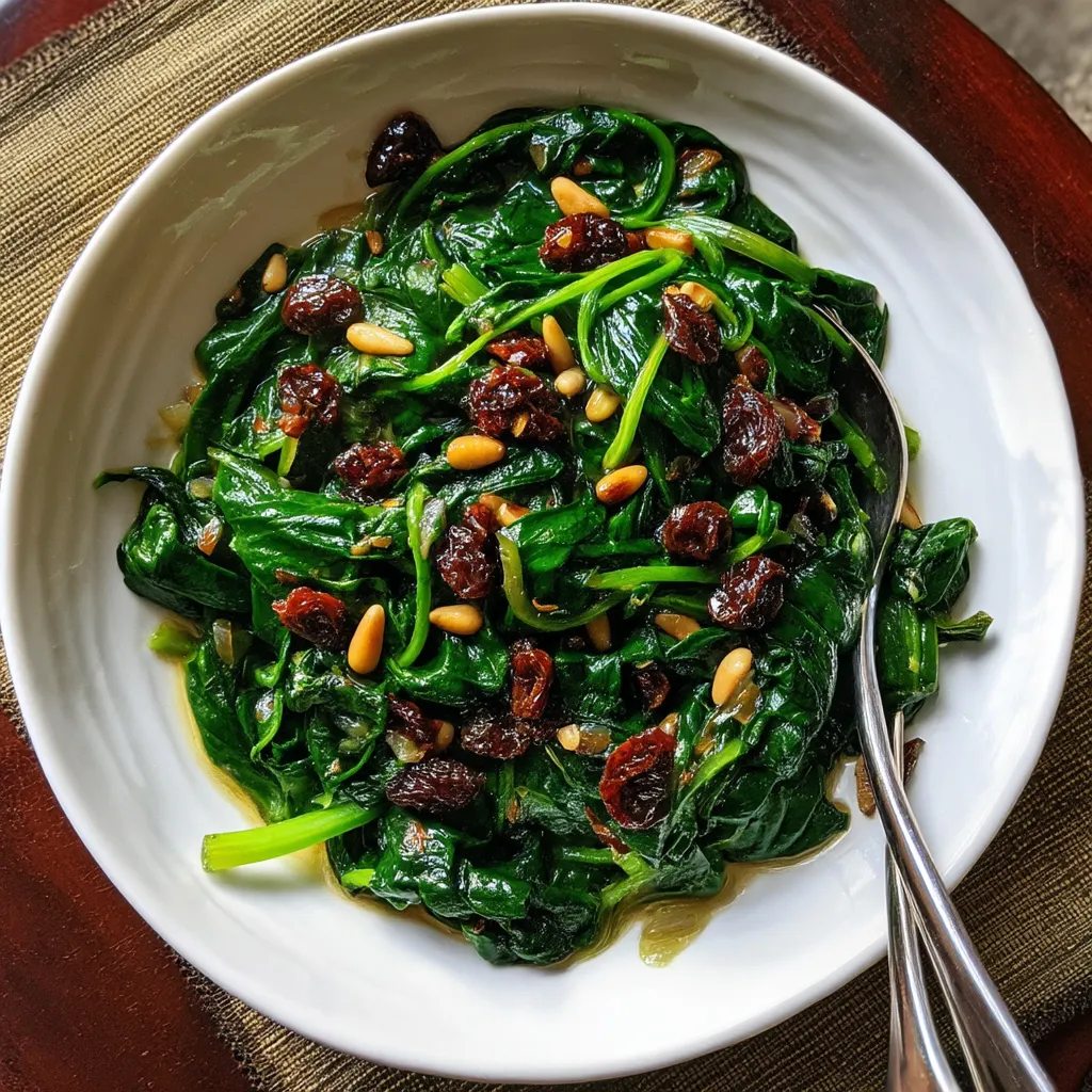 Plato de espinacas con nueces y pasas.