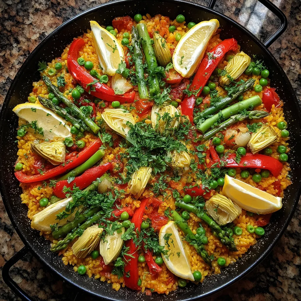 Un plato de paella con verduras de primavera.