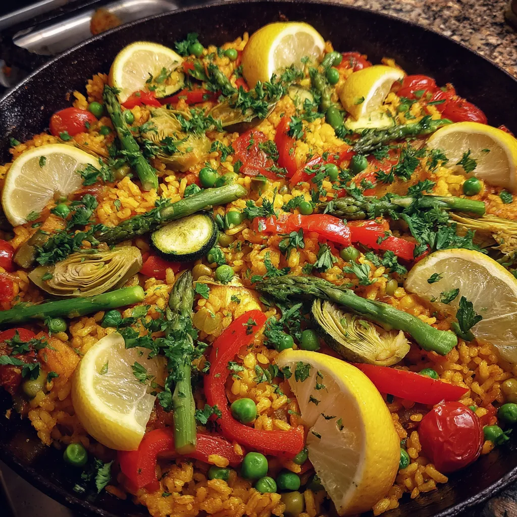 Una paella con verduras de primavera.