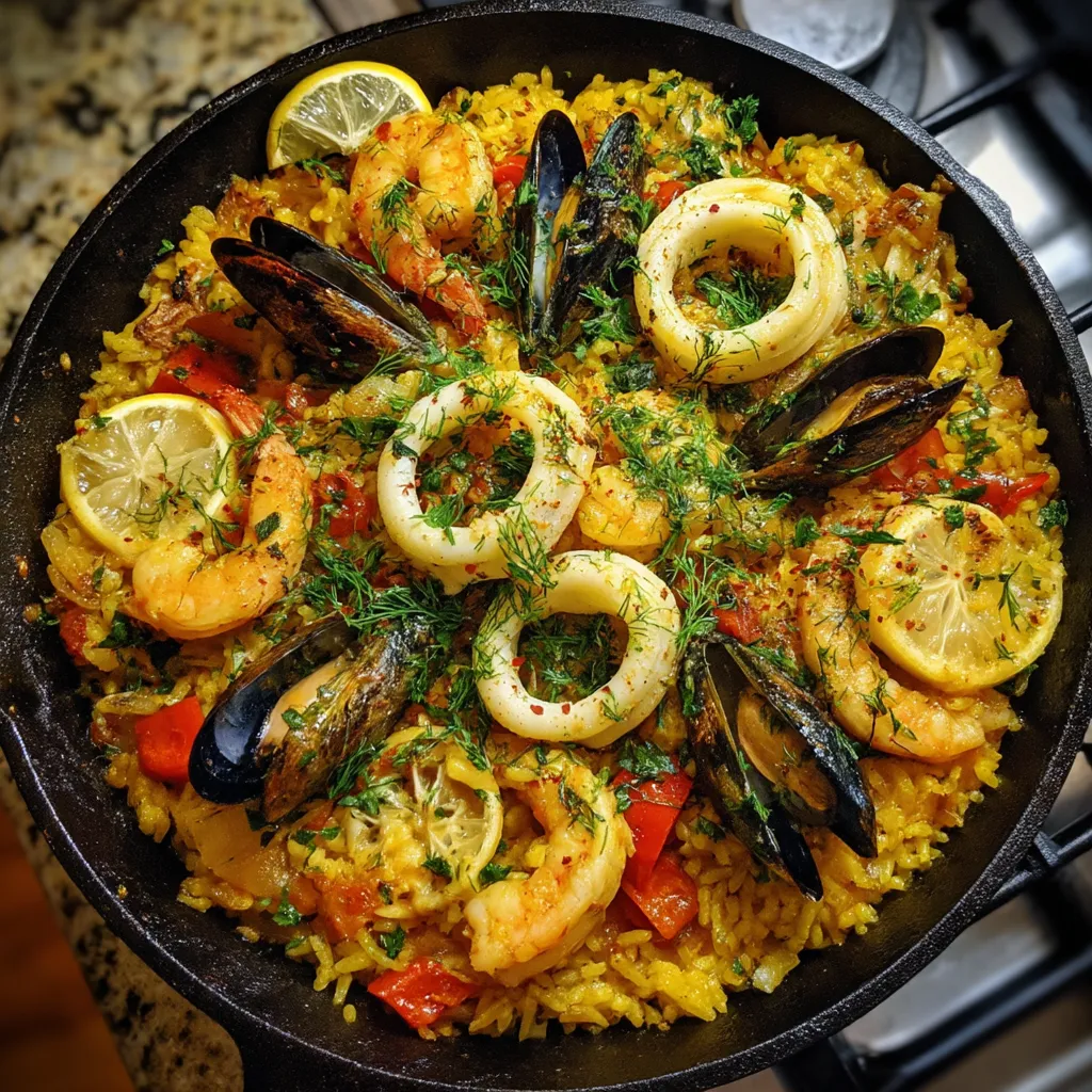Seafood Paella con limón y hierbas.