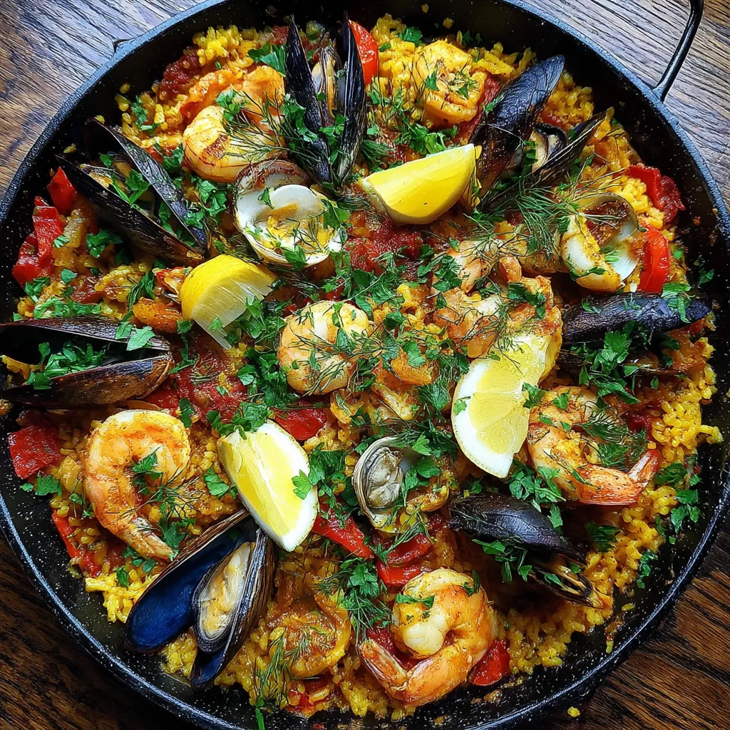 Seafood Paella con limón y hierbas.