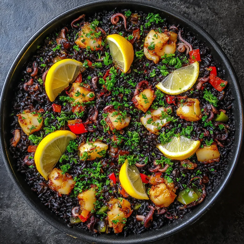 Un plato de arroz negro con calamares.