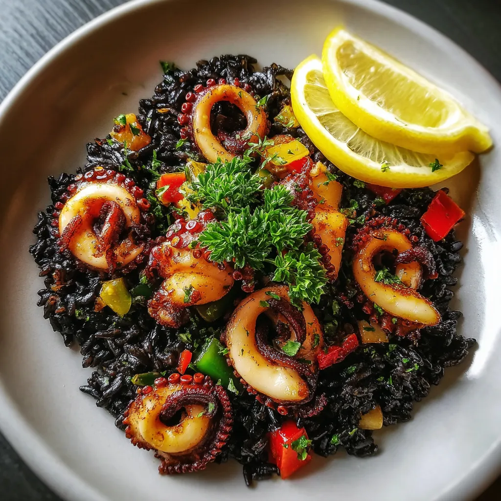 Plato de arroz negro con calamares.