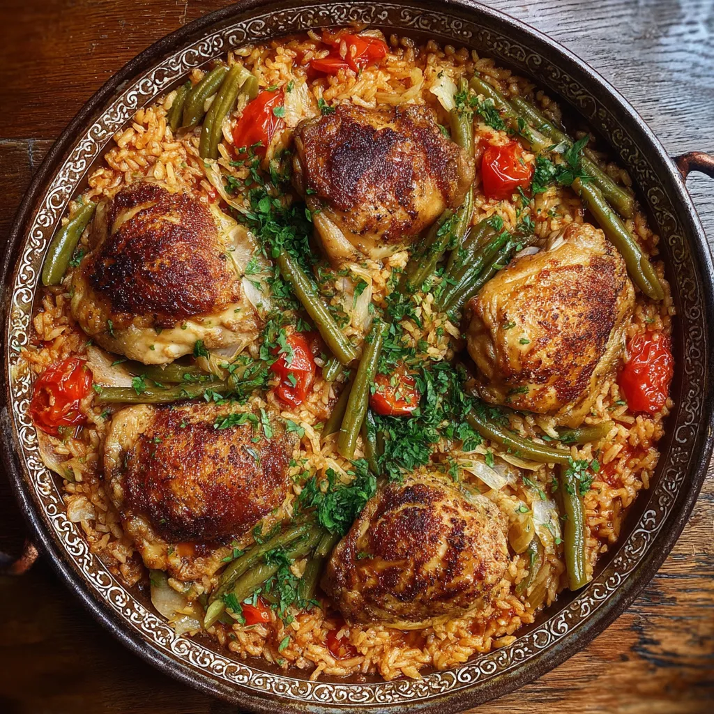 Un plato de arroz con verduras y carne.