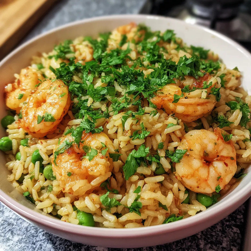 Una cazuela llena de arroz con camarones y verduras.