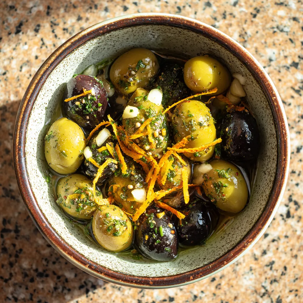 Un plato de aceitunas marinadas con ralladura de limón.
