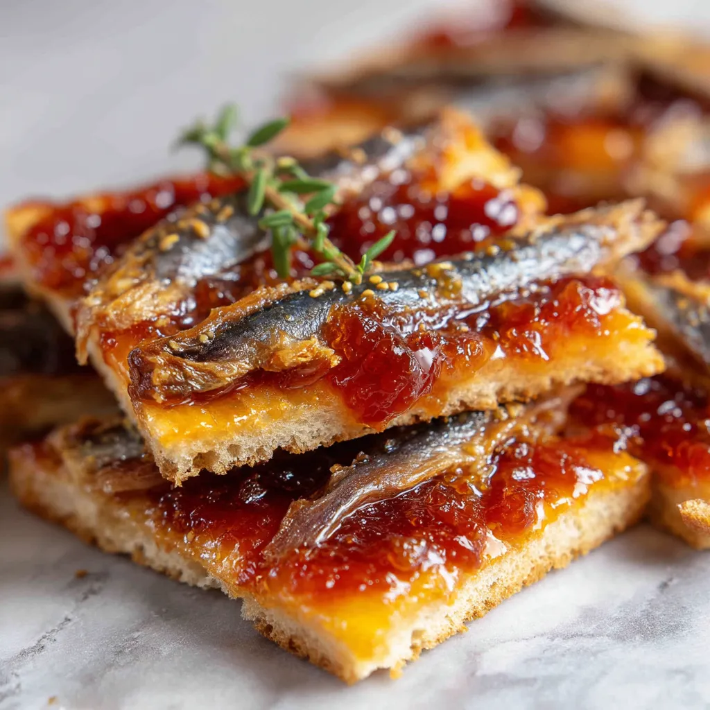 Anchovies on toast with tomato jam.
