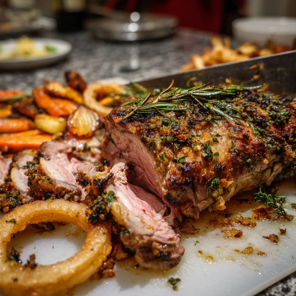 Un plato de carne de cerdo con hierbas.