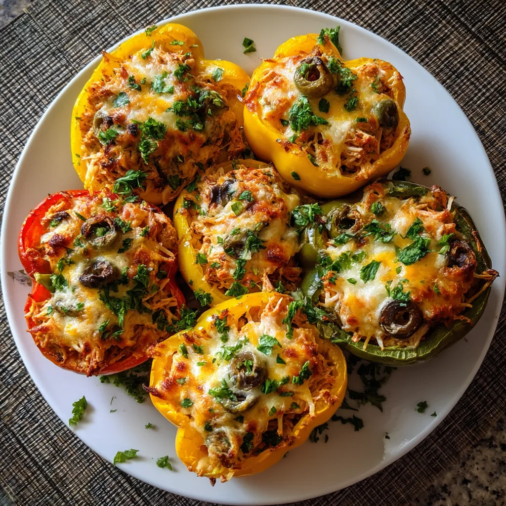 Plate of baked stuffed peppers with tuna and rice.