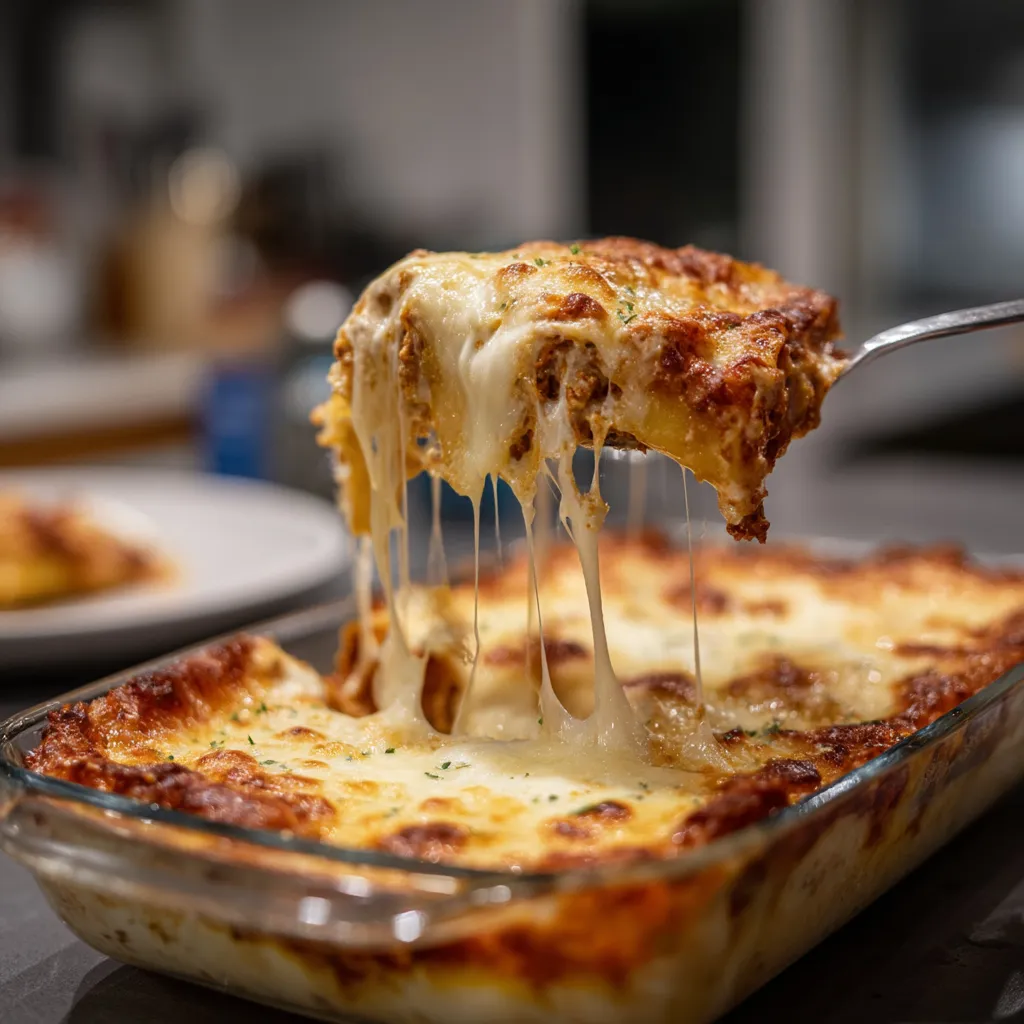 Canelones cremosos de carne y bechamel.