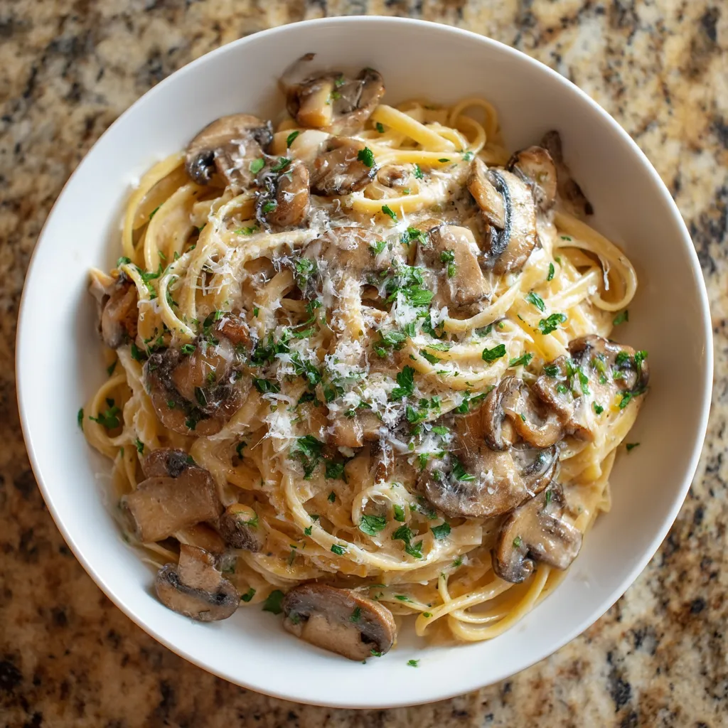 Una salsa de champiñones para pasta en un plato.