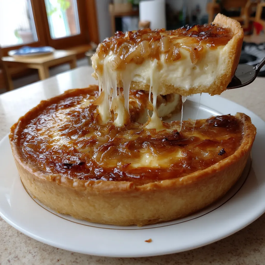 Una tarta de cebolla a la Francesa con una porción que se está cortando.