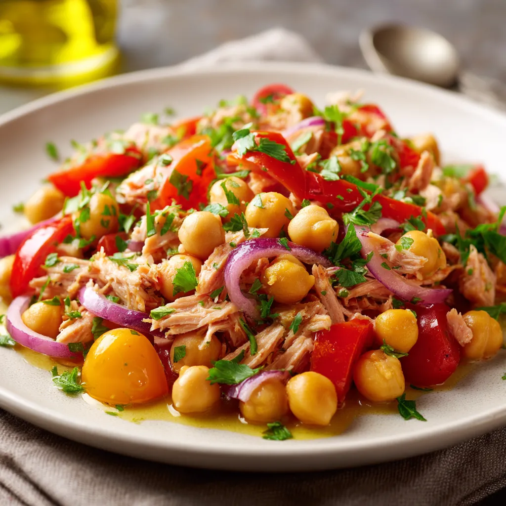Plato de ensalada de garbanzos con atún, pimiento rojo y cebolla.